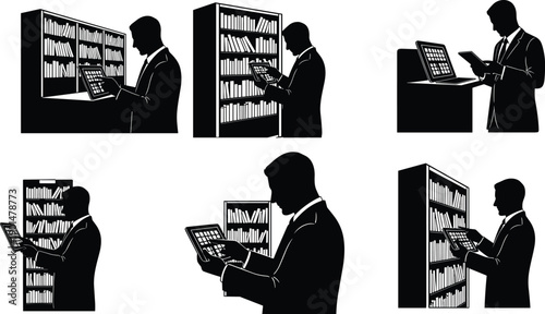 Man in suit using tablet in front of bookshelves silhouette