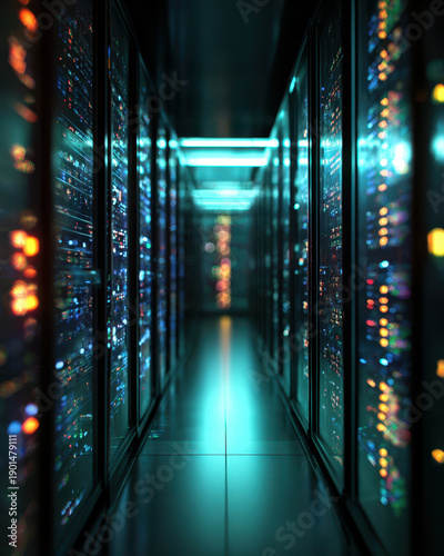 Data driven digital manufacturing and marketing technology in server room with glowing lights and futuristic design
