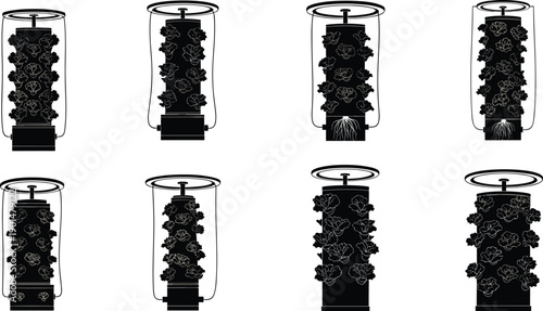 Vertical hydroponic farming towers with leafy greens and roots vertical farming hydroponics