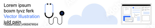 Telehealth, online consultations, healthcare technology, cloud storage, virtual medical services, digital health solutions. Stethoscope, cloud icon and digital interface. Telehealth and online