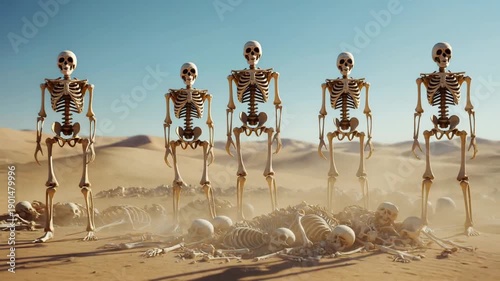 pile of bleached skeletons on a desert floor. Suddenly, the bones rattle and snap together, assembling themselves into standing figures in a rapid, jerky motion.
Prophet Ezekiel vision.