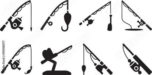 Eight black silhouette icons representing various fishing rods reels and tackle equipment