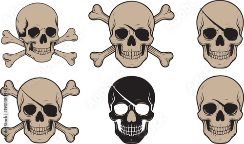Multiple skull and crossbones designs featuring pirate eye patches on a white background
