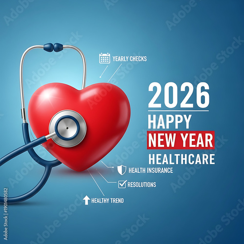 Happy New Year 2026 healthcare concept with heart and stethoscope