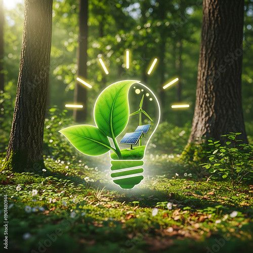 Glowing lightbulb with leaves, solar panel, and wind turbine in forest