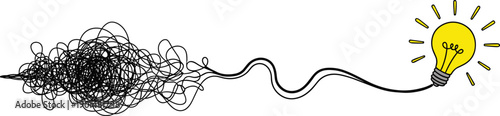 Black scribbles transforming into organized yellow lightbulb tangled lines idea