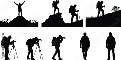 Silhouettes of hikers and photographers on mountains and grassy hills against a white background