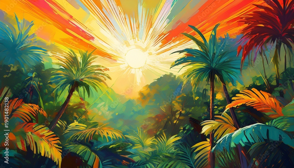 Obraz premium exotic jungle canopy painting with vibrant sun illuminating tropical foliage and rich textures in a unique expressionist style