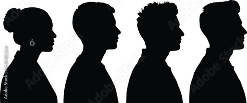 Four black silhouette profiles of people facing right with white background black silhouettes people profiles