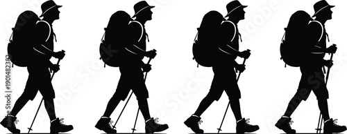 Four black silhouette hikers with backpacks hats and trekking poles walking in profile silhouettes
