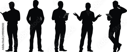 Five black silhouette men in various poses with tablets and books black silhouettes people