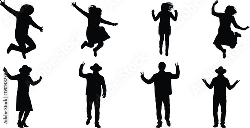 Eight black silhouettes of people jumping and posing on white background people posing celebration