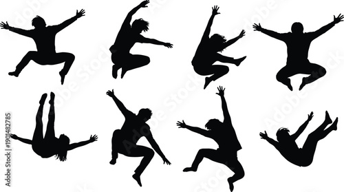 Eight black silhouettes of people jumping and falling against white background people falling action