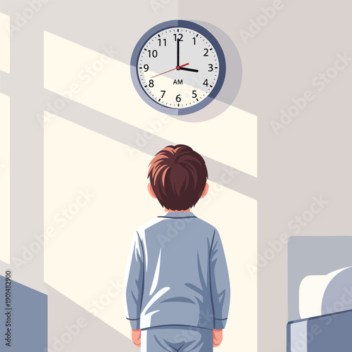 Young boy in pajamas looking at clock on wall with sunlight streaming into bedroom early morning