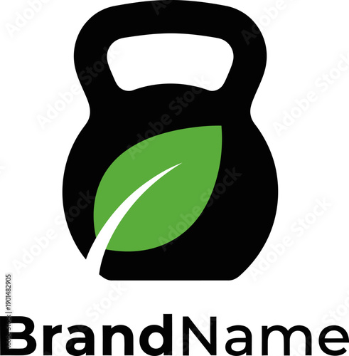 Fitness and Wellness Logo with Kettlebell and Green Leaf.