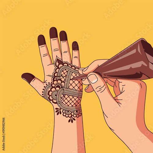 Woman hand decorated with henna applying intricate mehndi design using a cone, traditional Indian art and temporary tattoo culture