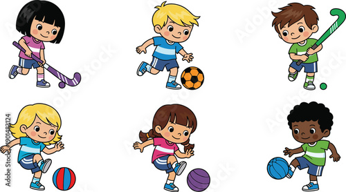 Children playing sports with balls and sticks kids