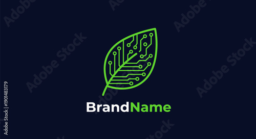 Green leaf logo with circuit pattern.