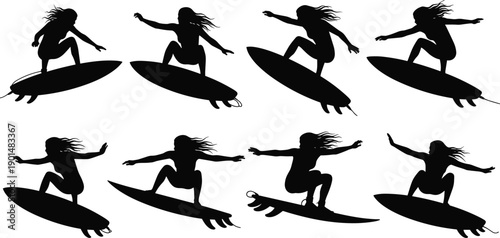 Black silhouettes of women surfing on white background surfer female