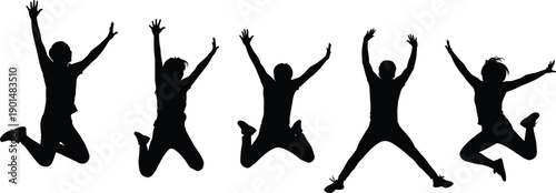 Black silhouettes of five people jumping with arms raised white background five individuals