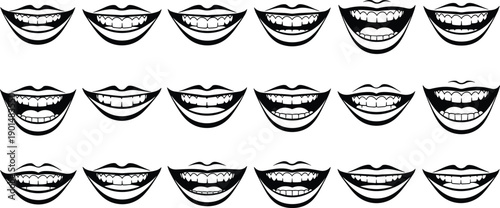Smiling mouth and teeth silhouette set, happy laughing expressions collection, cartoon lips grin icons, black and white vector illustration isolated