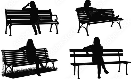 Woman sitting on park bench silhouette set, female relaxing poses outdoor seating, lonely thoughtful people shadows, isolated black vector illustration