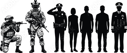 Military and law enforcement silhouettes set, soldiers police officers and civilians standing figures, security defense professions illustration isolated on white background