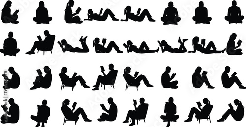Reading people silhouette set, men and women reading books, relaxed sitting and lying poses, leisure reading illustration isolated on white background