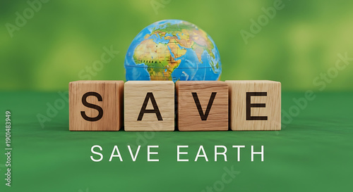 Wooden blocks spelling SAVE EARTH with a globe on green background
