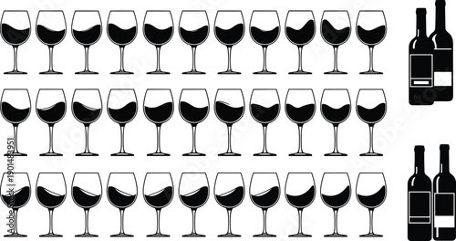 Wine glass silhouette collection, red wine tasting levels, elegant glassware set with wine bottles, minimalist alcohol illustration isolated on white background