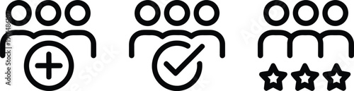 Group management icons set add user, verified member, and rating stars concept