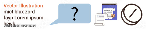 Financial services, billing questions, payment process, invoicing, money management, verification. Blue speech bubble with question mark, invoice and checkmark symbol. Billing questions and payment