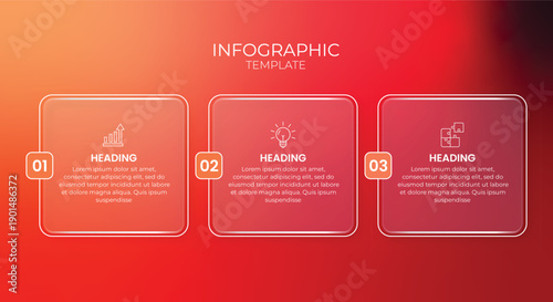 Modern three-step infographic template with gradient background, numbered glass panels, line icons, and clean layout for business workflow presentations.