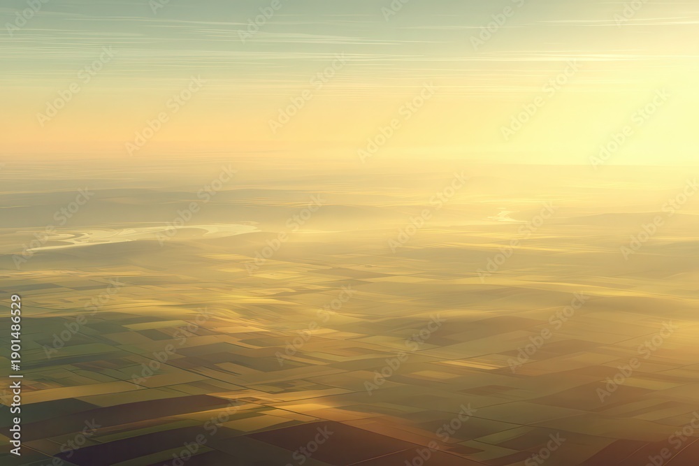 Obraz premium Aerial view of serene landscape at sunrise, showcasing fields and a winding river in the distance
