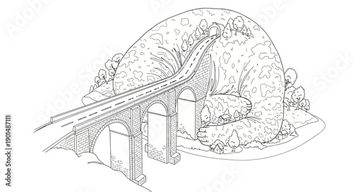 An architectural illustration depicts a winding roadway traversing a stone bridge nestled within a lush rolling hillside landscape high quality professional detailed modern elegant