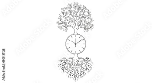 An intricate black and white illustration depicts a tree with a clock face integrated into its trunk symbolizing the passage of time high quality
