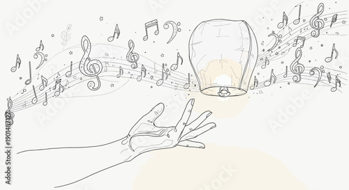 A delicate sketch depicts a hand releasing a paper lantern upwards surrounded by swirling musical notes and staff lines high quality professional detailed modern