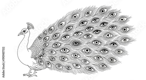 An intricate line drawing depicts a majestic peacock with its elaborate tail feathers fully displayed showcasing numerous eye patterns high quality professional detailed modern