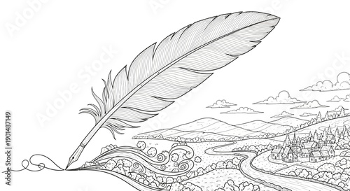 An intricately detailed illustration depicts a feather quill writing a flowing landscape including mountains a river and a quaint village high quality professional modern