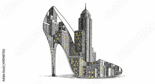 An artistic rendering depicts a high heeled shoe ingeniously constructed from detailed city skyscrapers merging fashion and architecture high quality professional modern elegant stylish