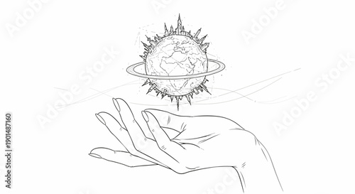 A detailed line drawing depicts a hand presenting a planetary object encircled by a ring suggesting themes of fragility and creation high quality professional