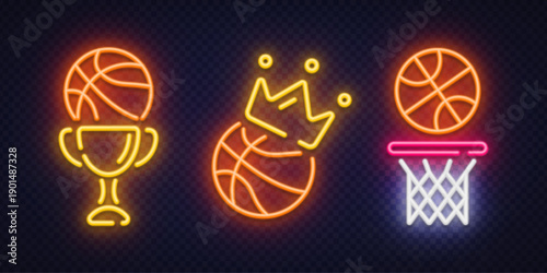 Set of three neon basketball icons including trophy, crown ball, and hoop. Bright glowing style fits sports branding, tournaments, and modern game visuals.