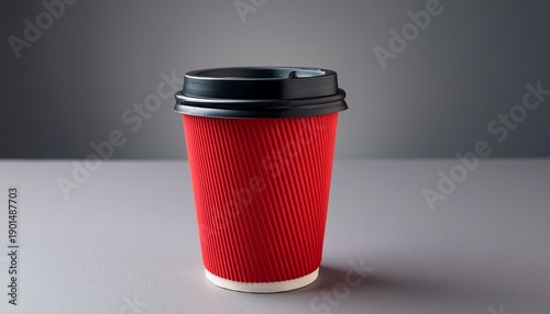 Red Disposable Coffee Cup With Black Lid On A Gray Background
