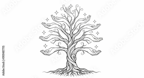 A detailed black and white illustration depicts a stylized tree with numerous outstretched hands as branches adorned with twinkling stars high quality professional modern