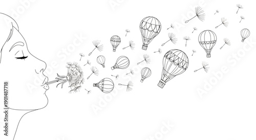 A serene woman exhales a flurry of dandelion seeds that transform into whimsical hot air balloons symbolizing dreams and freedom high quality professional detailed