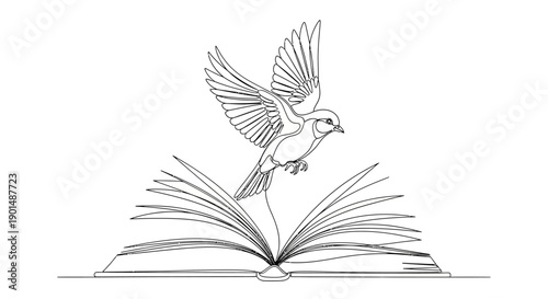 A delicate line drawing depicts a small bird in mid flight perched atop an open book with stylized blades of grass high quality professional