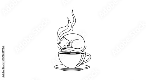 A minimalist line drawing depicts a curled up cat sleeping peacefully inside a steaming cup of coffee on a saucer high quality professional detailed