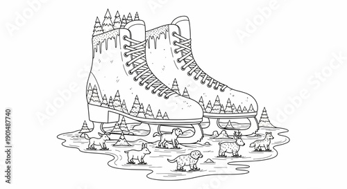 A detailed black and white illustration depicts ice skates filled with a miniature mountain landscape and grazing goats high quality professional modern elegant stylish