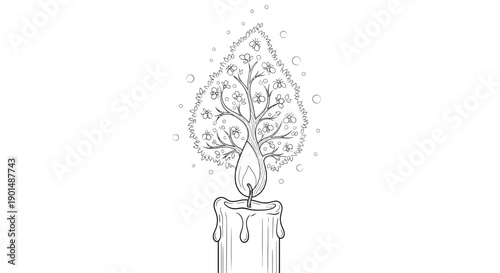 A detailed black and white illustration depicts a candle with a flame shaped like a flourishing tree adorned with small circles high quality professional