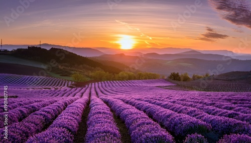 Rows Of Purple Blossoms Meet A Sunrise Over Distant Hills